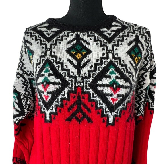 Vintage Crewneck‎ Red Black Nordic Fair Isle Long Sleeve Ski Winter Sweater Larg - Picture 2 of 9